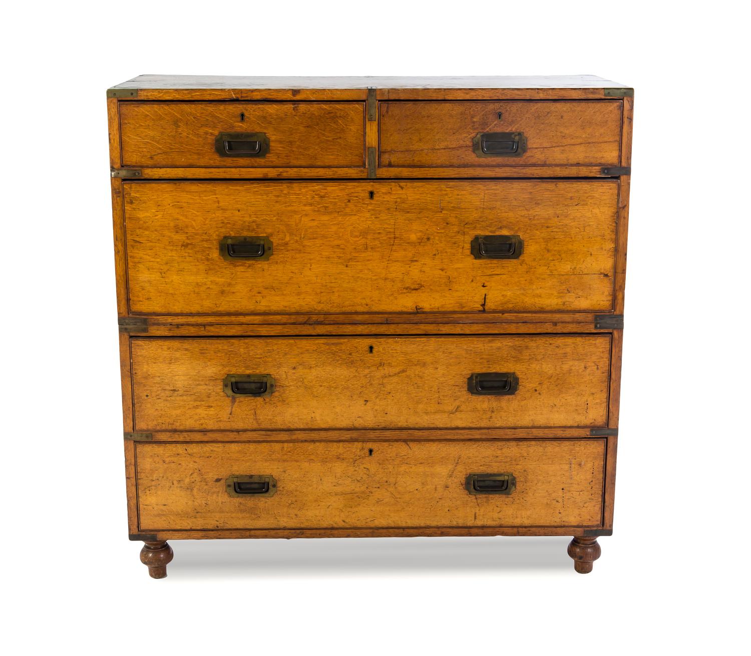 An English Brass Banded Oak Campaign Chest, Height 40 x width 39 x depth 17 1/2 inches.