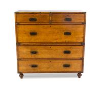 An English Brass Banded Oak Campaign Chest, Height 40 x width 39 x depth 17 1/2 inches.