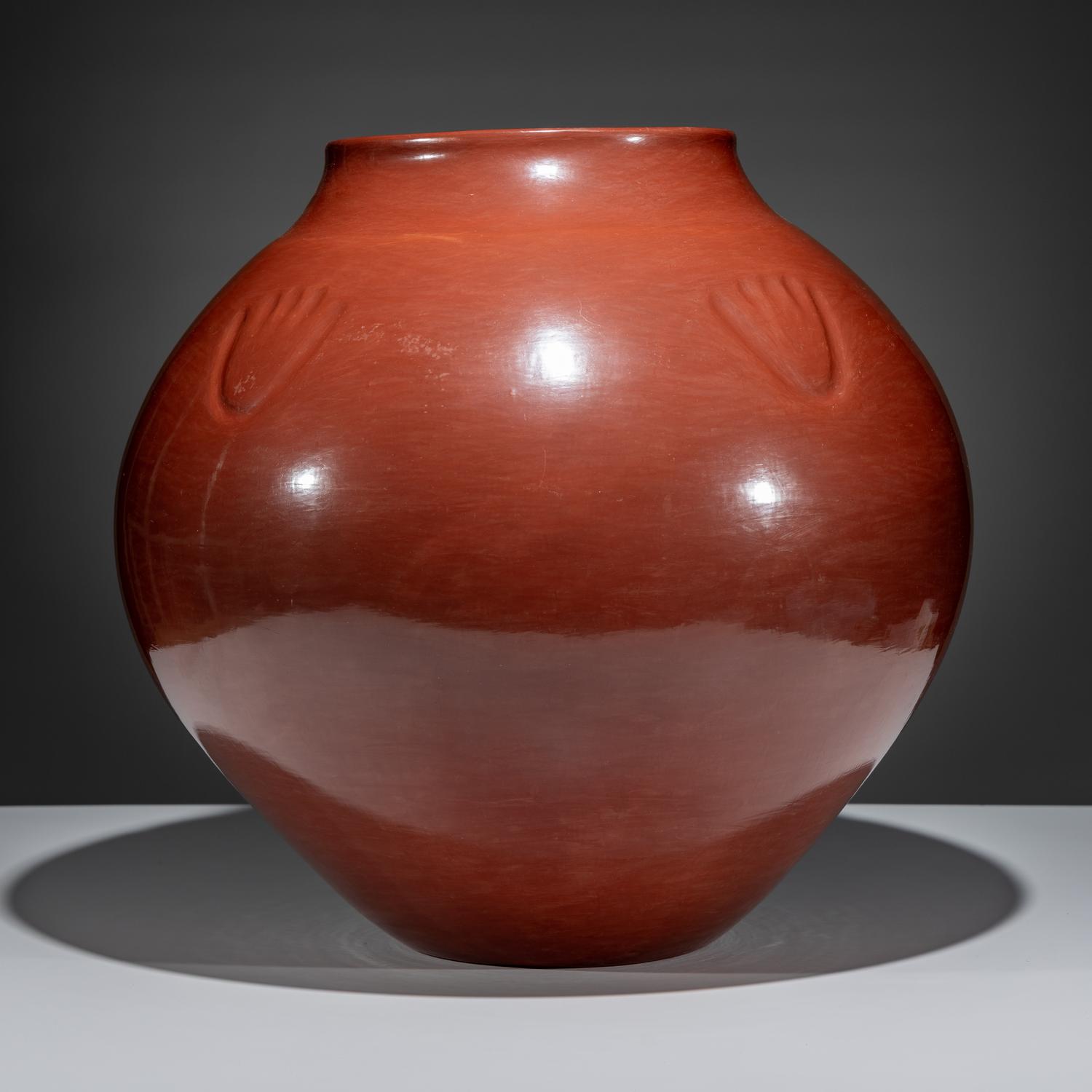Monumental Redware Pottery Jar, with Bear Paw
