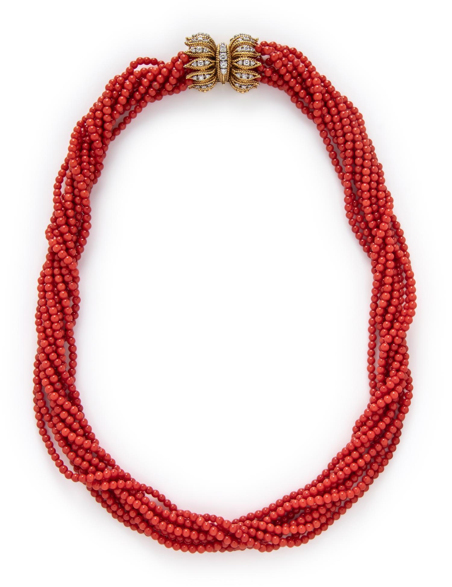YELLOW GOLD, CORAL, AND DIAMOND TORSADE NECKLACE