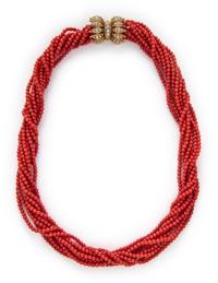 YELLOW GOLD, CORAL, AND DIAMOND TORSADE NECKLACE