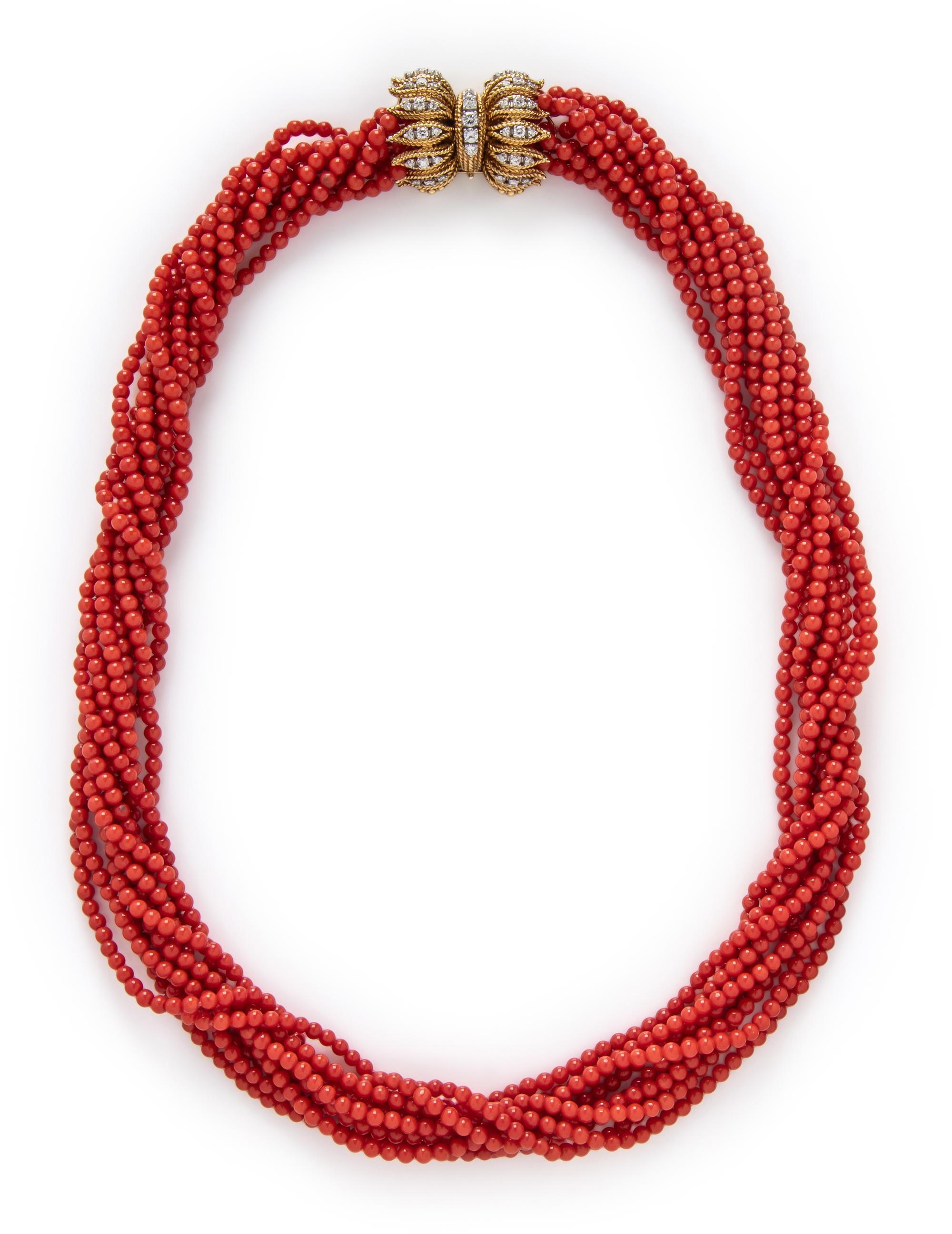 YELLOW GOLD, CORAL, AND DIAMOND TORSADE NECKLACE