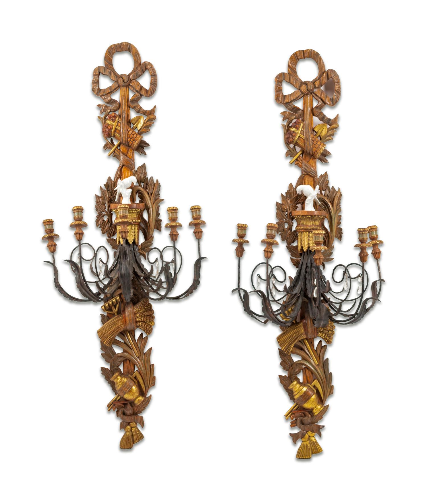 A Pair of Spanish Neoclassical Style Carved Wood, Wrought-Iron and Tole Five-Light Sconces