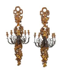 A Pair of Spanish Neoclassical Style Carved Wood, Wrought-Iron and Tole Five-Light Sconces