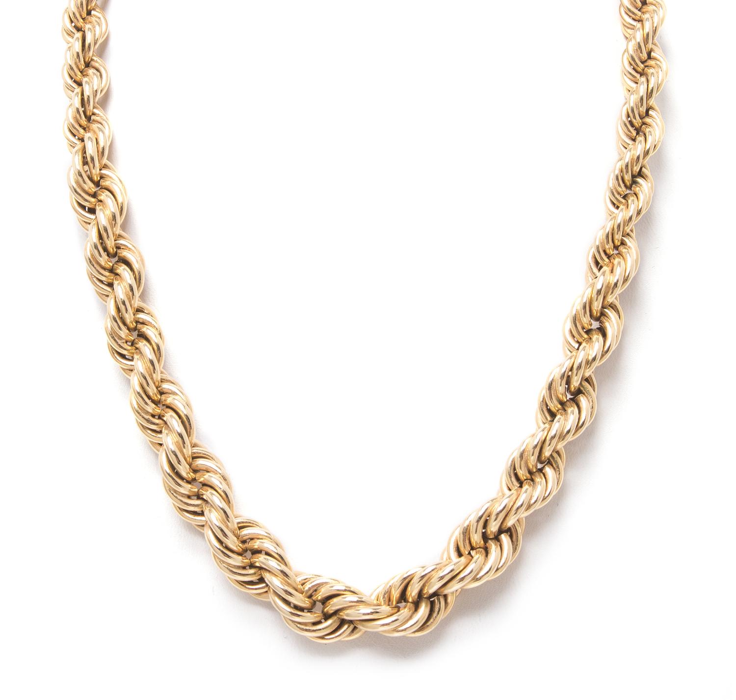 A Yellow Gold Graduated Rope Chain Necklace. 21.90 dwts.