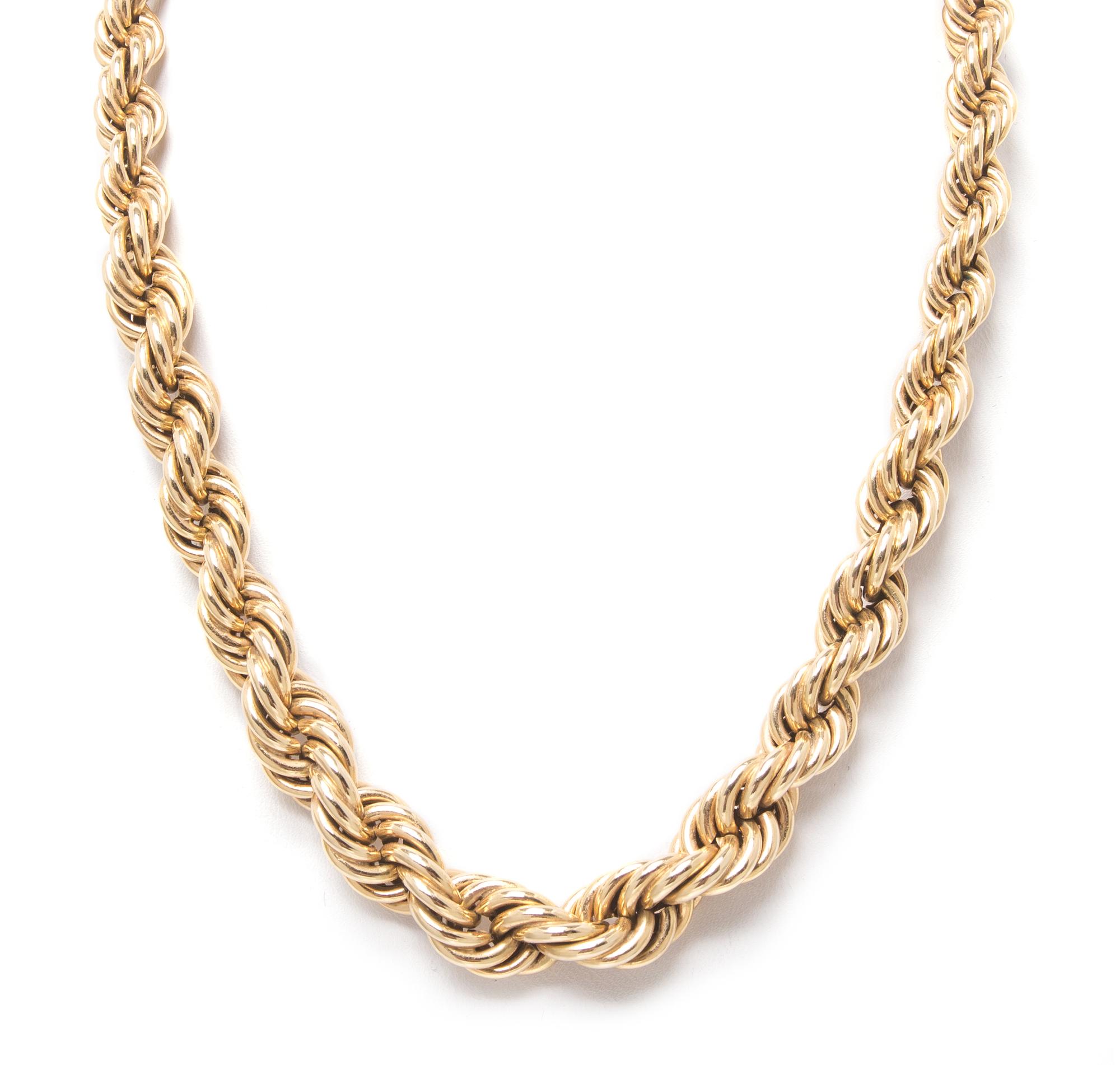 A Yellow Gold Graduated Rope Chain Necklace. 21.90 dwts.