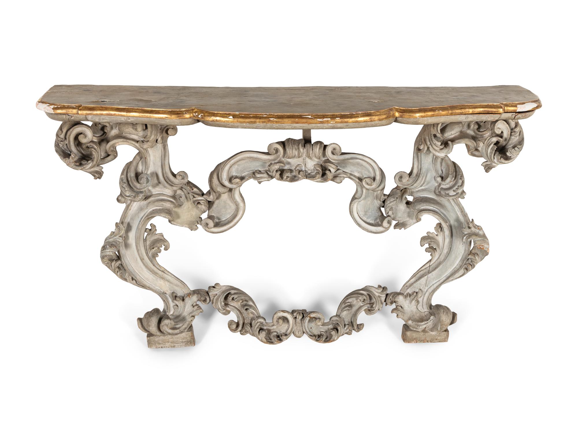 A Rococo Style Painted and Parcel Gilt Console Table