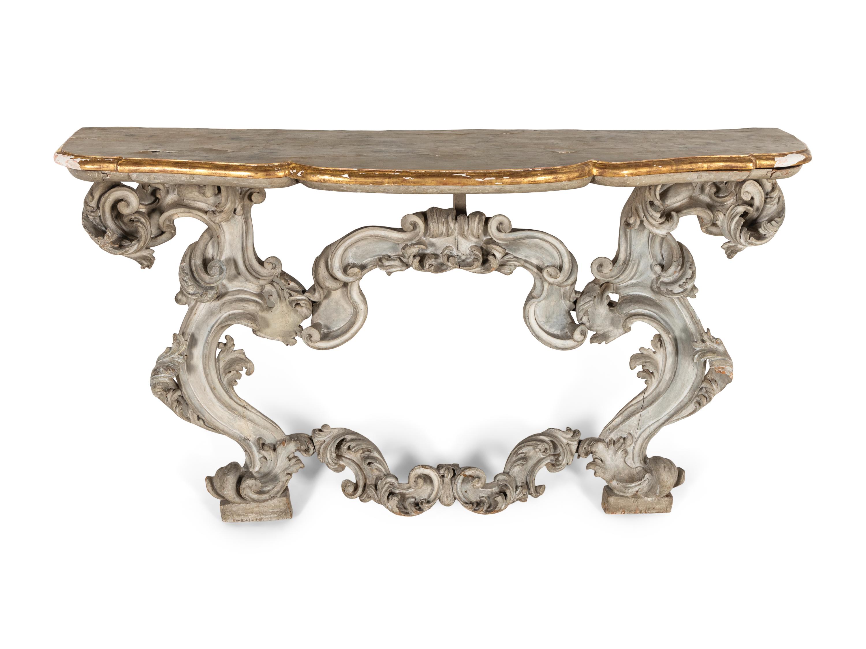 A Rococo Style Painted and Parcel Gilt Console Table