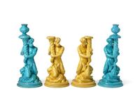 Two Pairs of Wedgwood Majolica ‘Triton’ Figural Candlesticks