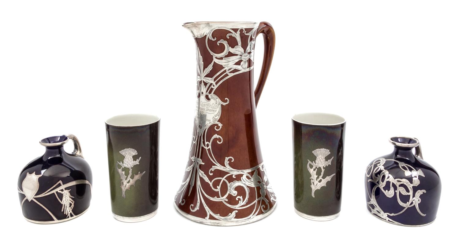 Five Lenox Silver Overlay Porcelain Articles Height of first 9 1/2 inches.