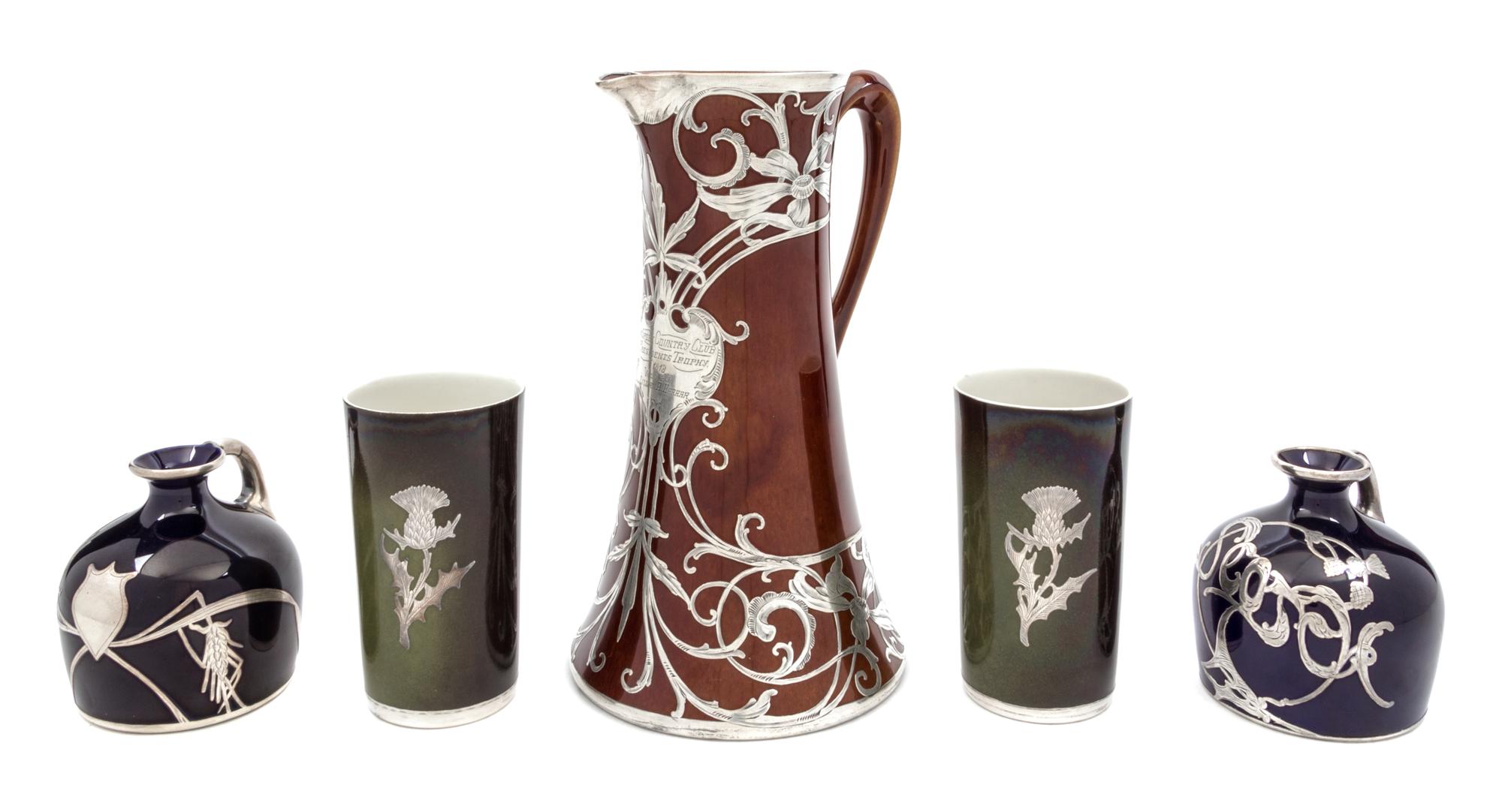 Five Lenox Silver Overlay Porcelain Articles Height of first 9 1/2 inches.
