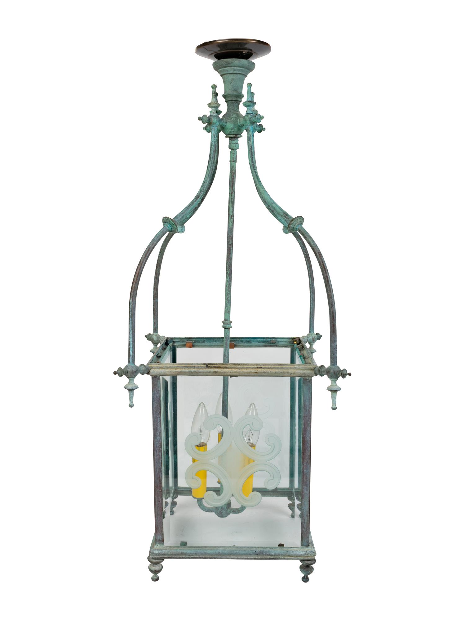 A Copper Patina and Etched Glass Three-Light Hanging Lantern — 20TH CENTURY
