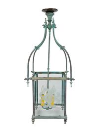 A Copper Patina and Etched Glass Three-Light Hanging Lantern — 20TH CENTURY