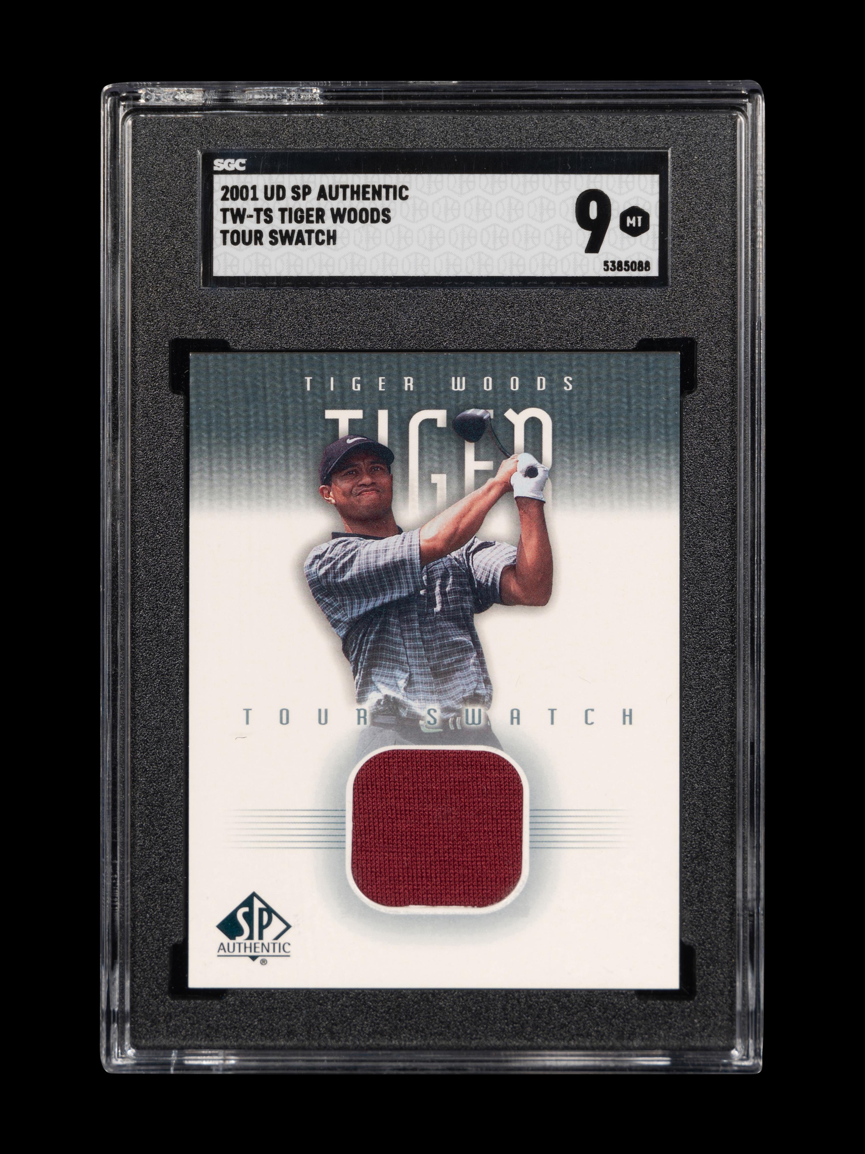 A 2001 Upper Deck SP Authentic Tiger Woods Tour Swatch TW-TS Rookie Golf Card (SGC 9 MINT)
