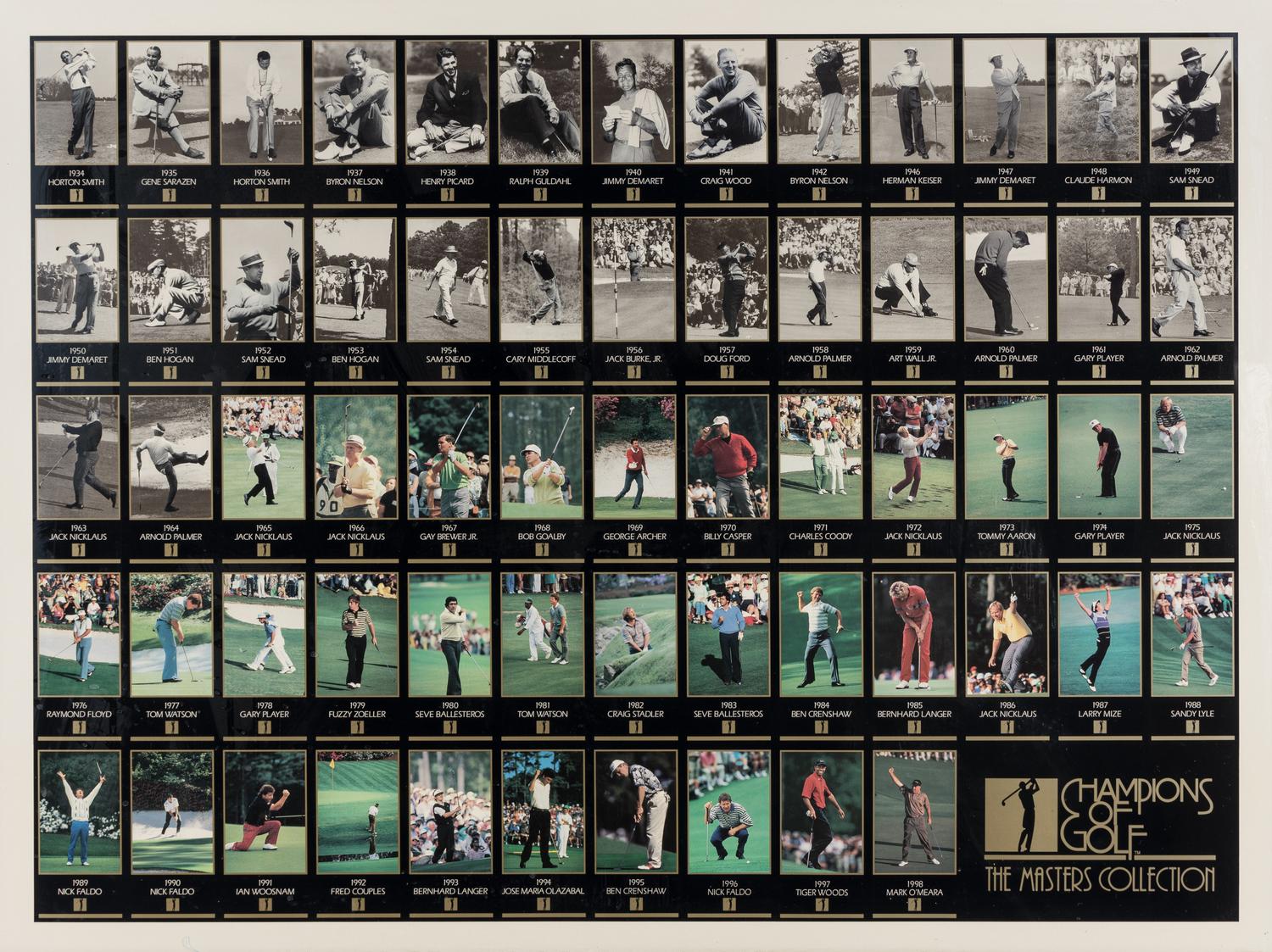 An Uncut Sheet of 1998 Masters Champions of Golf Cards (Tiger Woods Rookie)