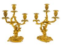 A Pair of Louis XV Style Gilt Bronze Three-Light Candelabra