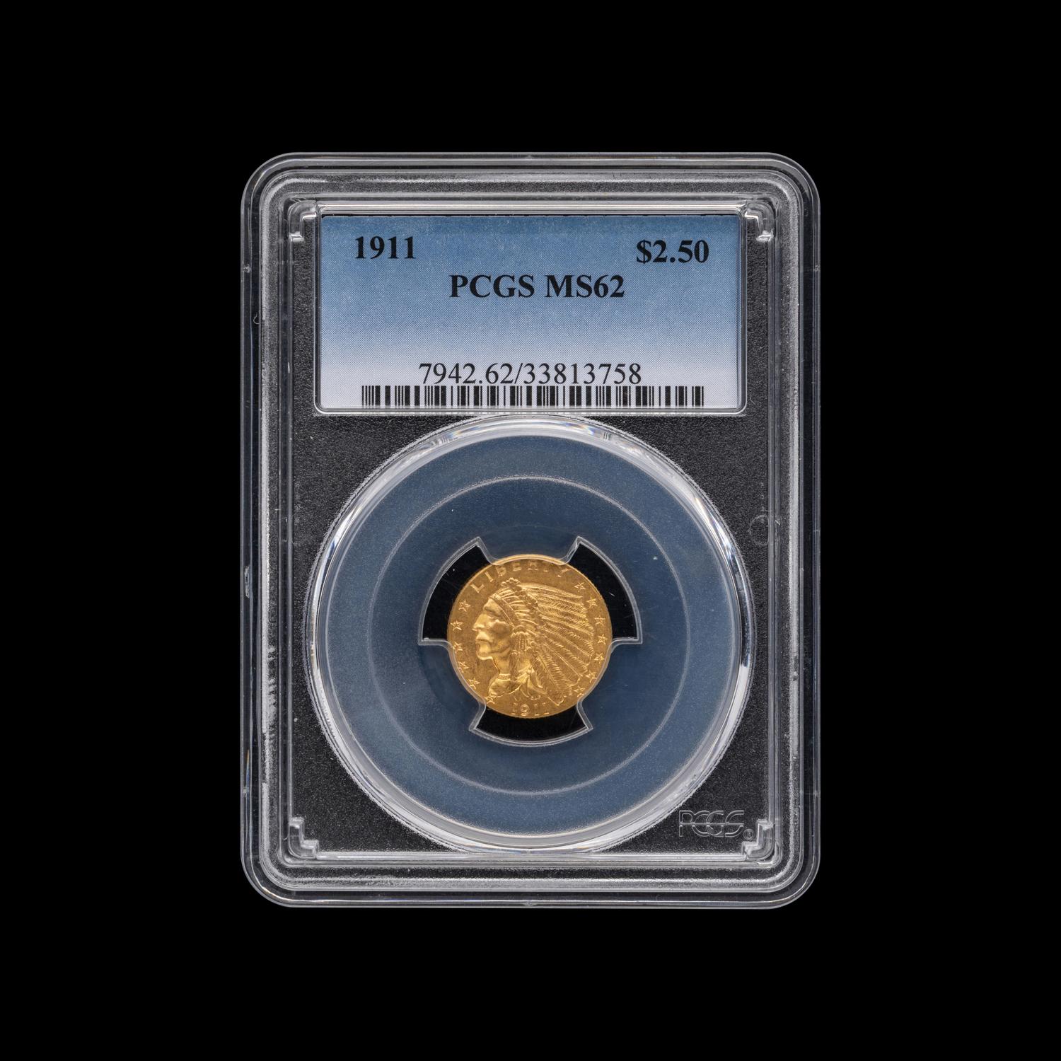 A 1911 Indian Head $2.50 Gold Coin [PCGS MS62]