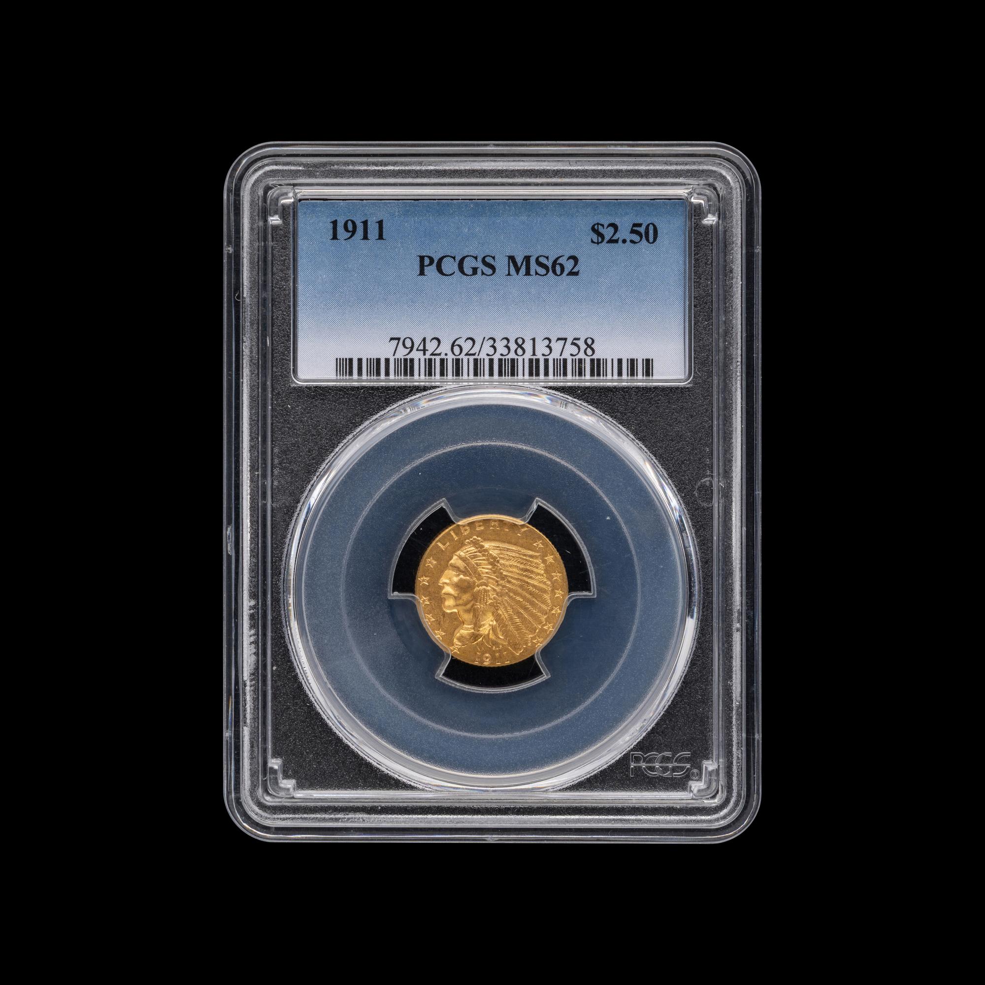 A 1911 Indian Head $2.50 Gold Coin [PCGS MS62]