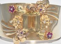 A Retro 14K Yellow Gold, Citrine, Ruby, and Diamond Bracelet