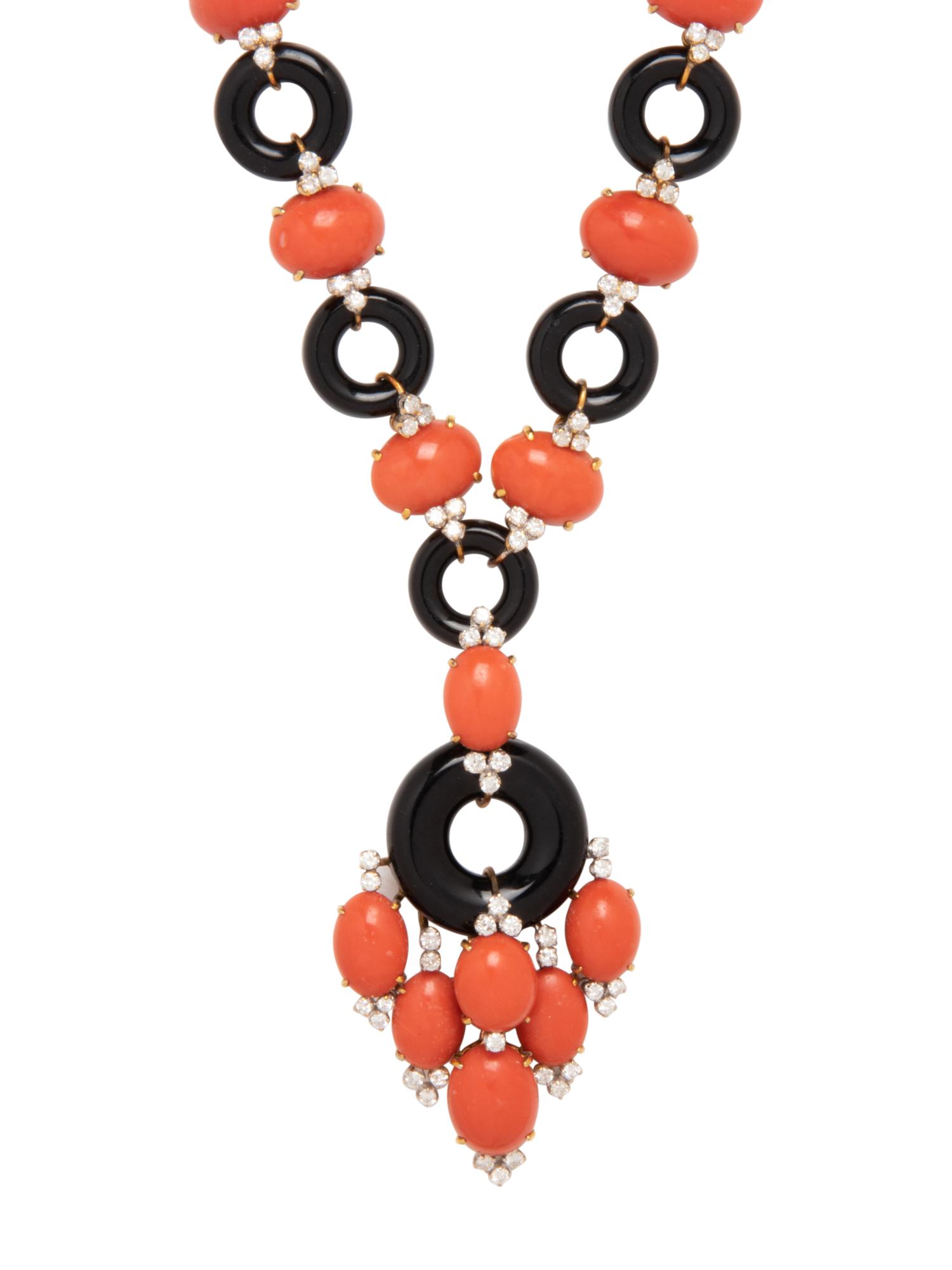 CORAL, ONYX AND DIAMOND NECKLACE