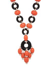 CORAL, ONYX AND DIAMOND NECKLACE