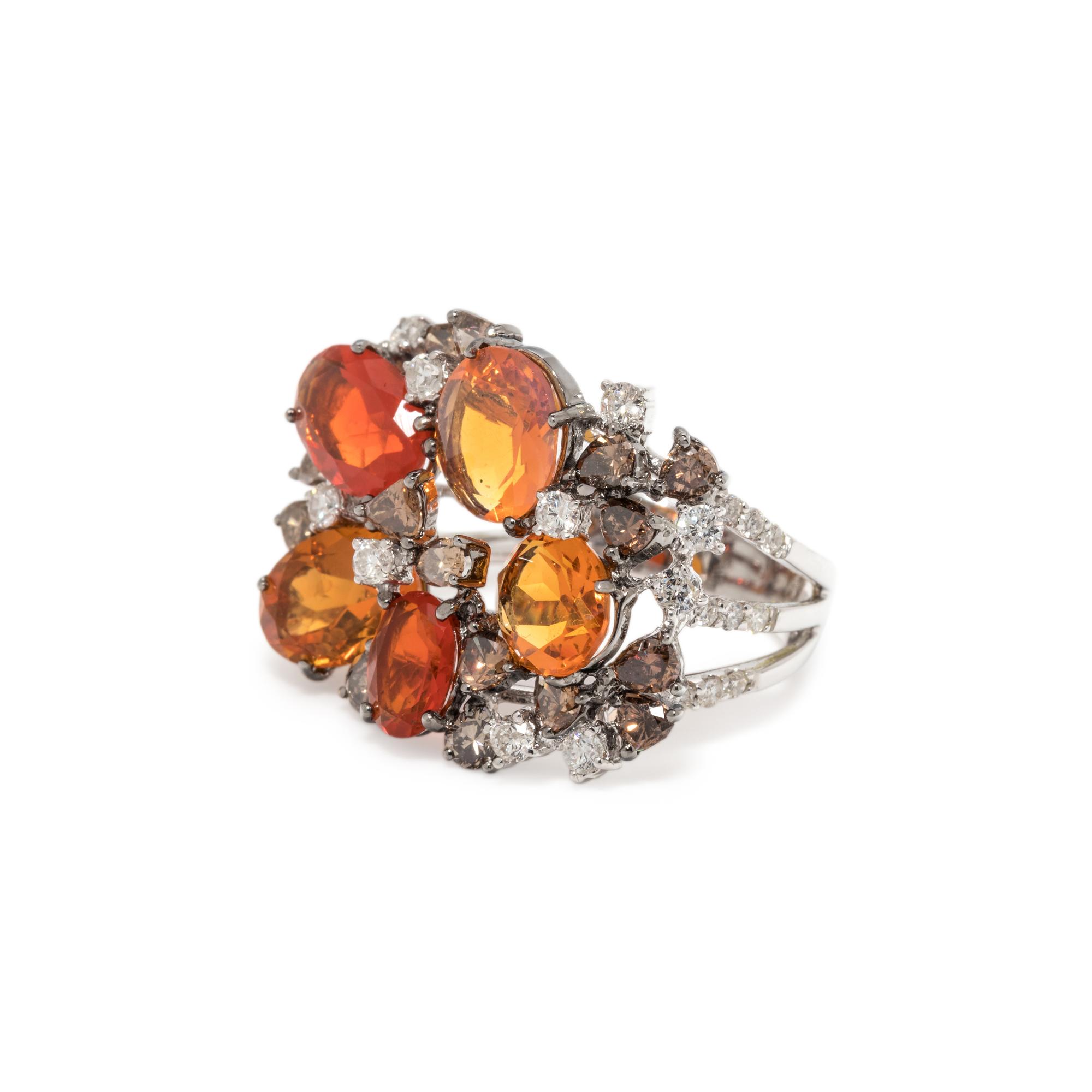 FIRE OPAL, COLORED DIAMOND AND DIAMOND RING