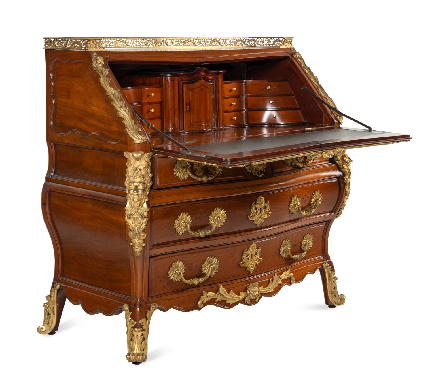 A Louis XV Style Gilt Bronze Mounted Mahogany Slant-Front Bureau