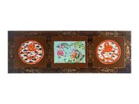 A Chinese Porcelain Inset Gilt Highlighted Black and Brown Lacquered Wood Side Table, Tiaozhuo