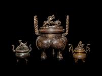 Three Japanese Bronze Tripod Incense Burners and Covers