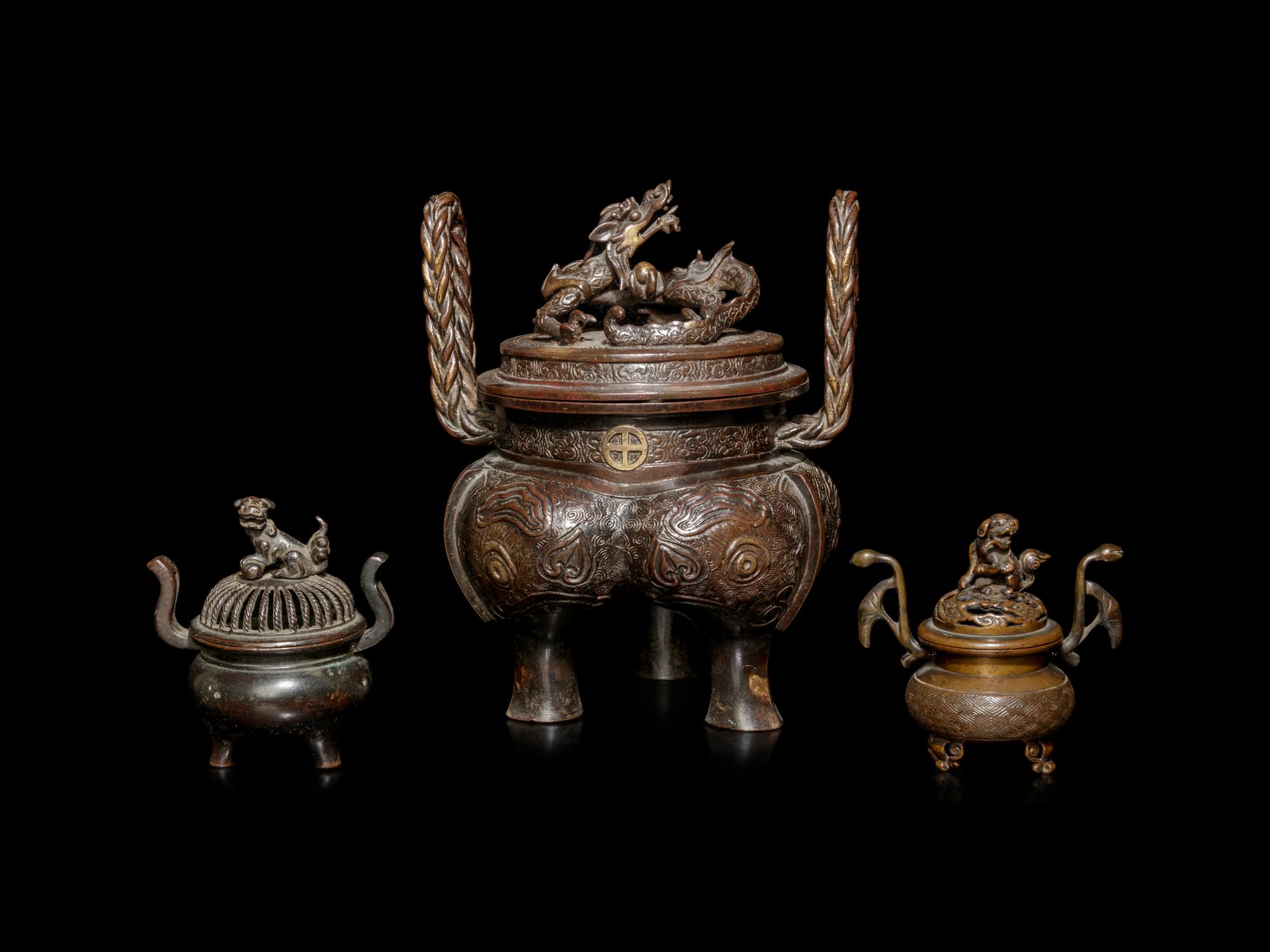 Three Japanese Bronze Tripod Incense Burners and Covers