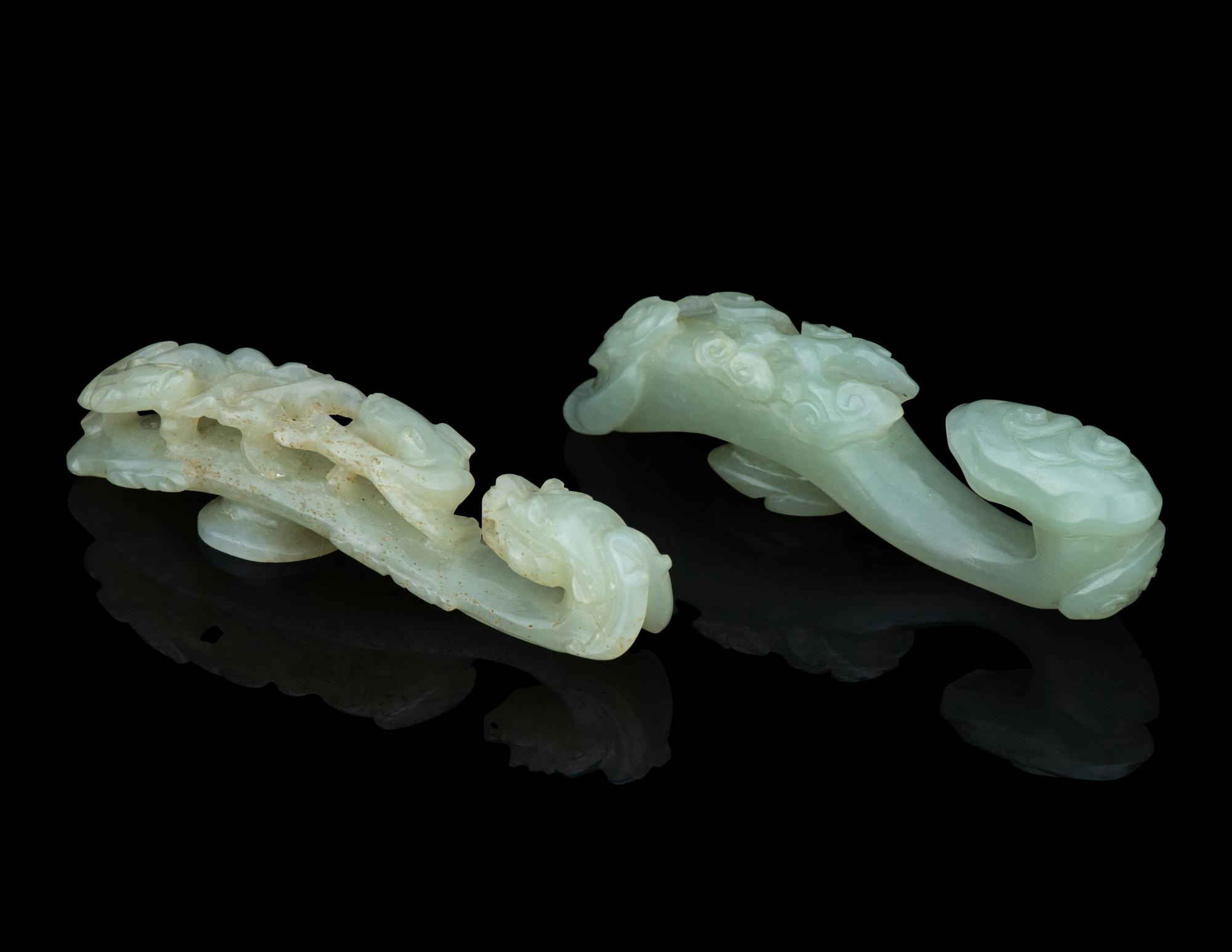 Two Pale Celadon Jade Belt Hooks