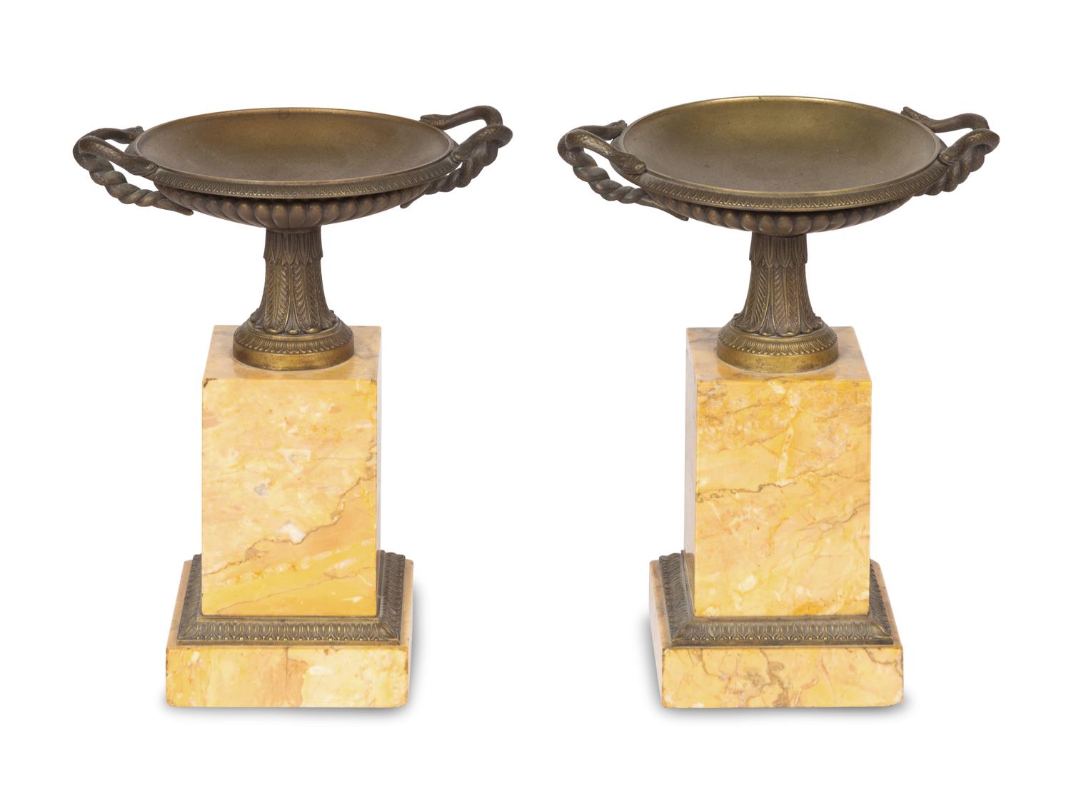 A Pair of Grand Tour Bronze and Marble Tazza Ornaments