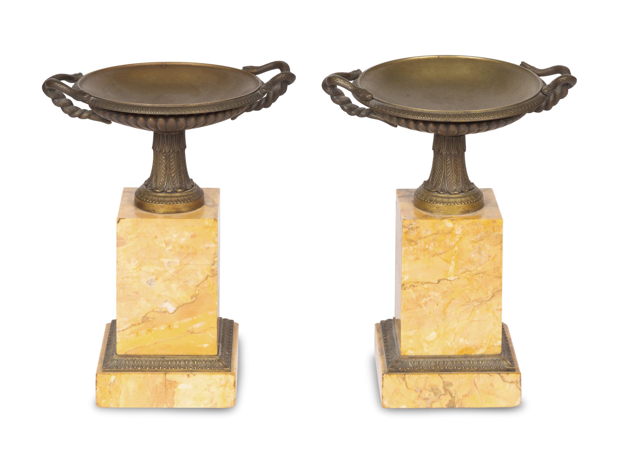 A Pair of Grand Tour Bronze and Marble Tazza Ornaments
