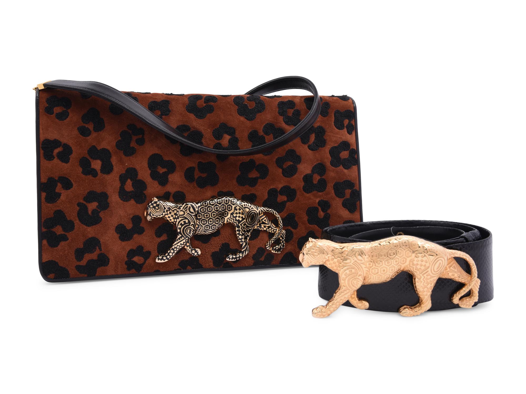 Judith Leiber Leopard Print Clutch with Snake Skin Belt