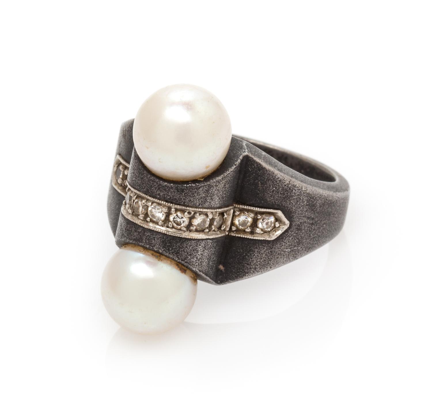 An Art Moderne Blackened Steel, White Gold and Cultured Pearl Ring, Marsh & Co., 16.20 dwts.