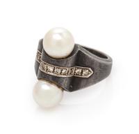 An Art Moderne Blackened Steel, White Gold and Cultured Pearl Ring, Marsh & Co., 16.20 dwts.