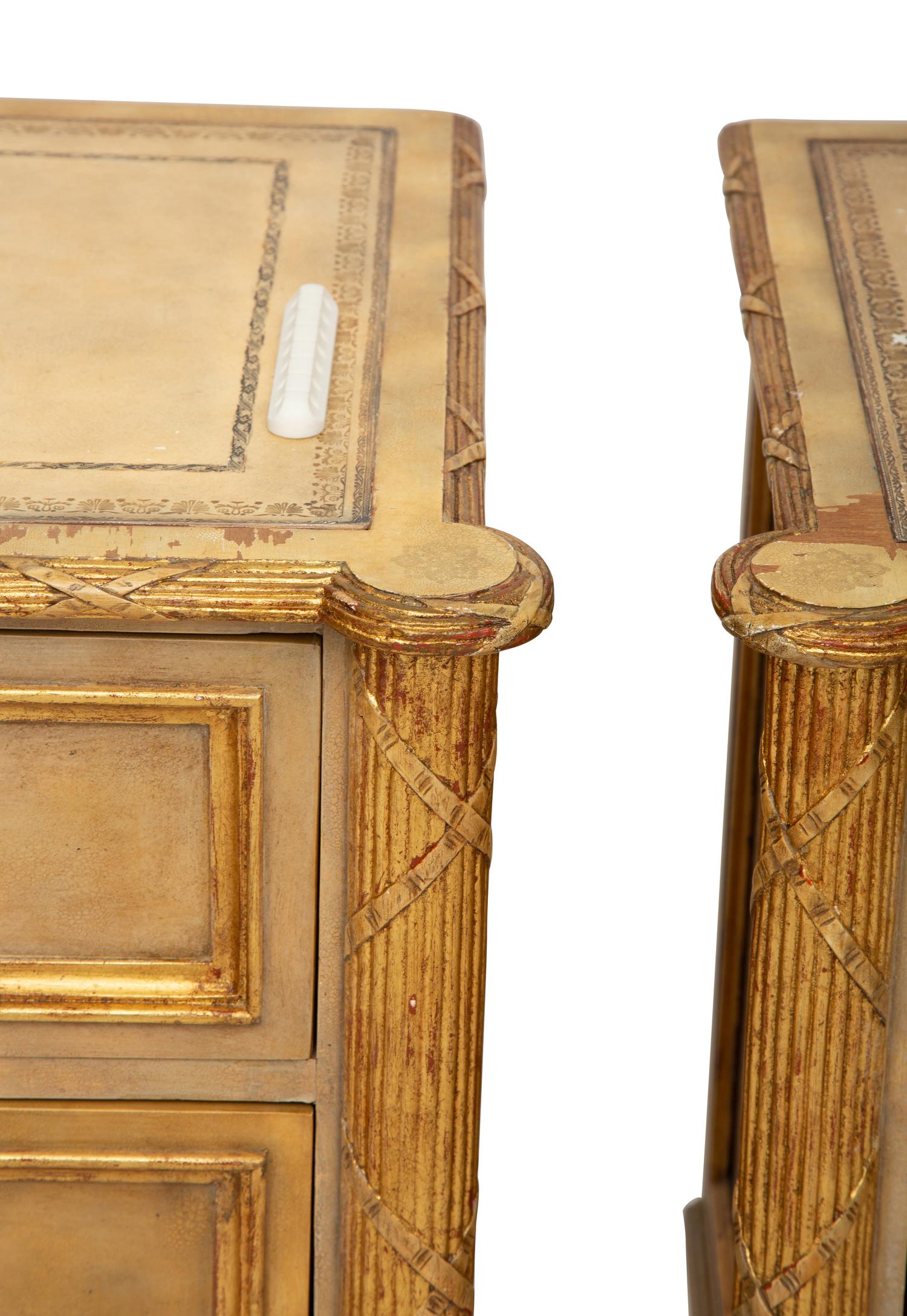 A Pair of Louis XVI Style Painted and Parcel Gilt Commodes — 20th Century