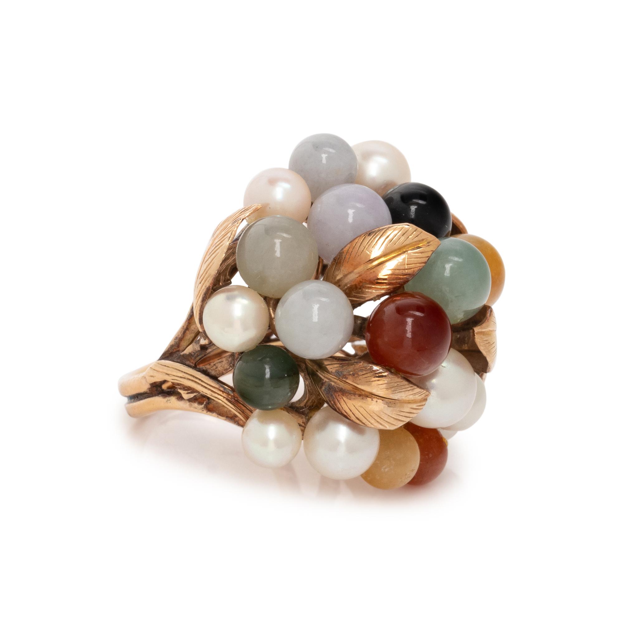 YELLOW GOLD, MULTICOLOR JADE AND CULTURED PEARL RING