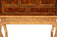 A William & Mary Style Cross-Banded Burlwood Cabinet on a Giltwood Stand