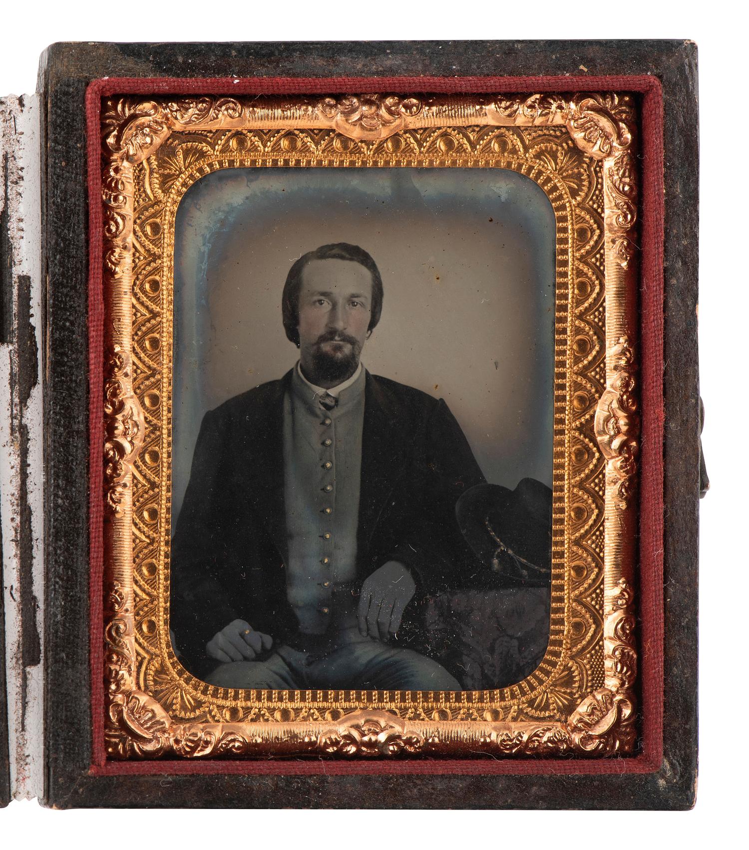 [CIVIL WAR]. Ninth plate tintype of a likely western theater officer posed with a porkpie hat, plus.