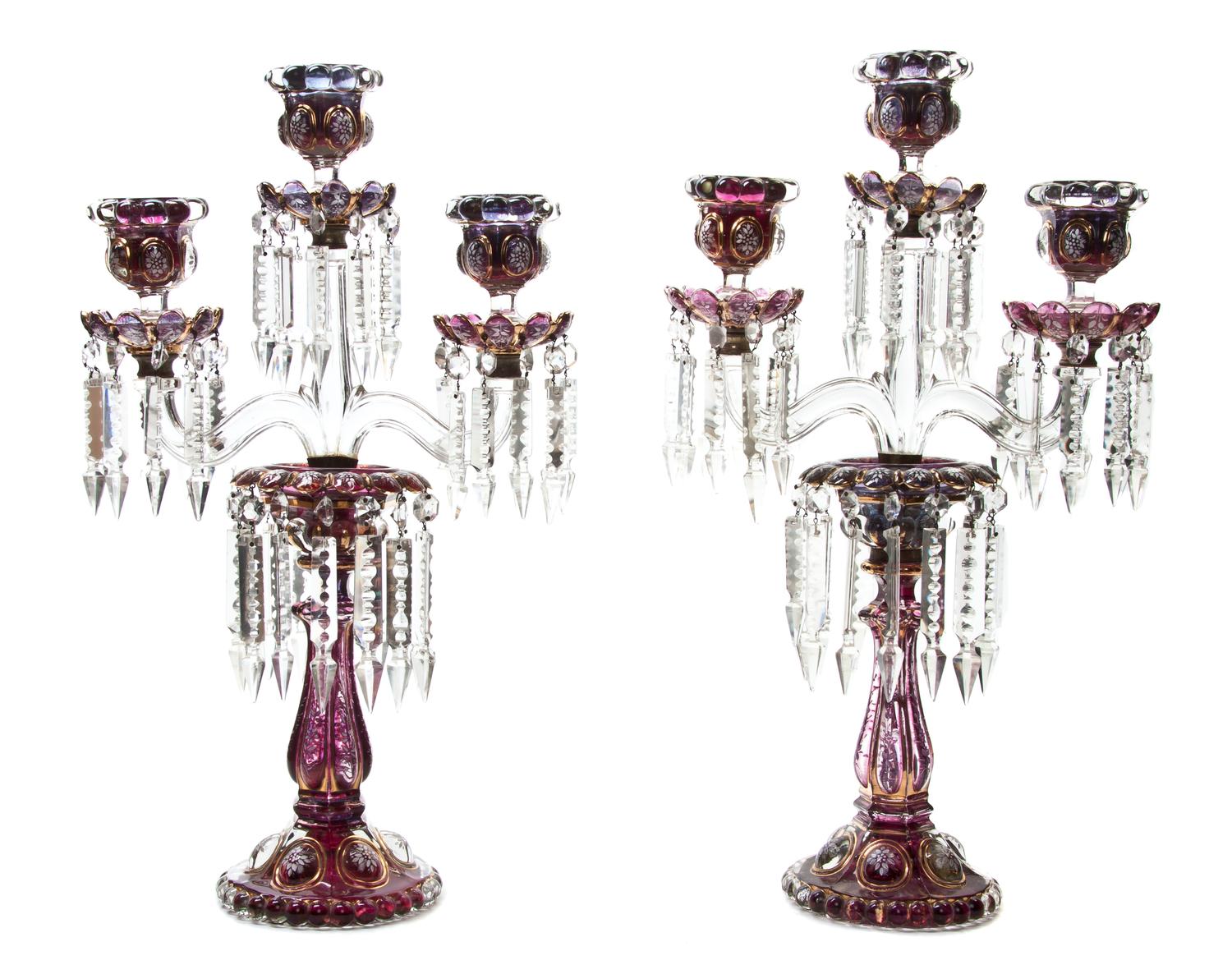 A Pair of Baccarat Enameled Glass Girandoles, Height 21 1/8 inches.