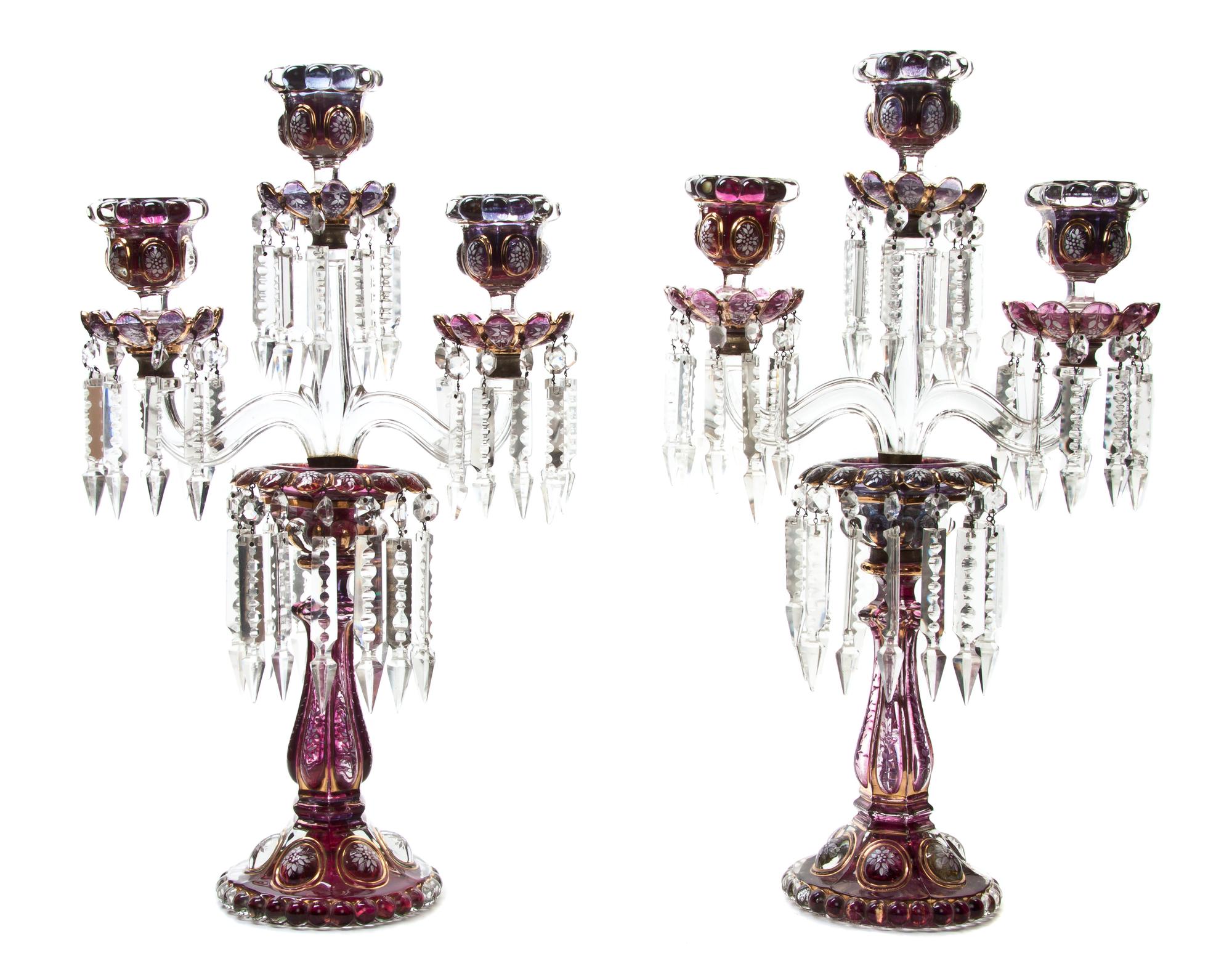 A Pair of Baccarat Enameled Glass Girandoles, Height 21 1/8 inches.