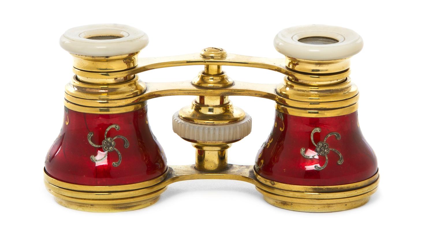 A Pair of Continental Enameled Brass Opera Glasses, Width 4 inches.