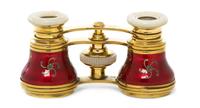 A Pair of Continental Enameled Brass Opera Glasses, Width 4 inches.
