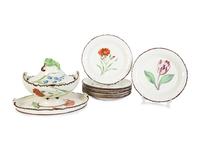 A Collection of English Davenport Soft Paste Porcelain Botanical Plates and Sauce Tureens — 18TH CENTURY