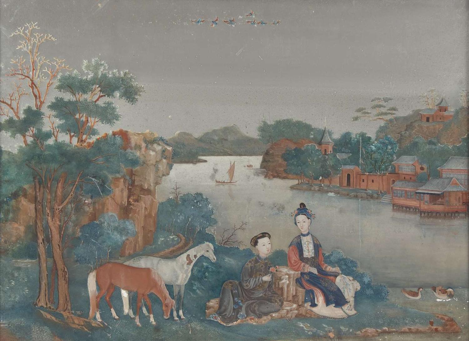 A finely-painted Chinese export reverse-painted mirror, circa 1750 出口彩繪鏡子 約1750