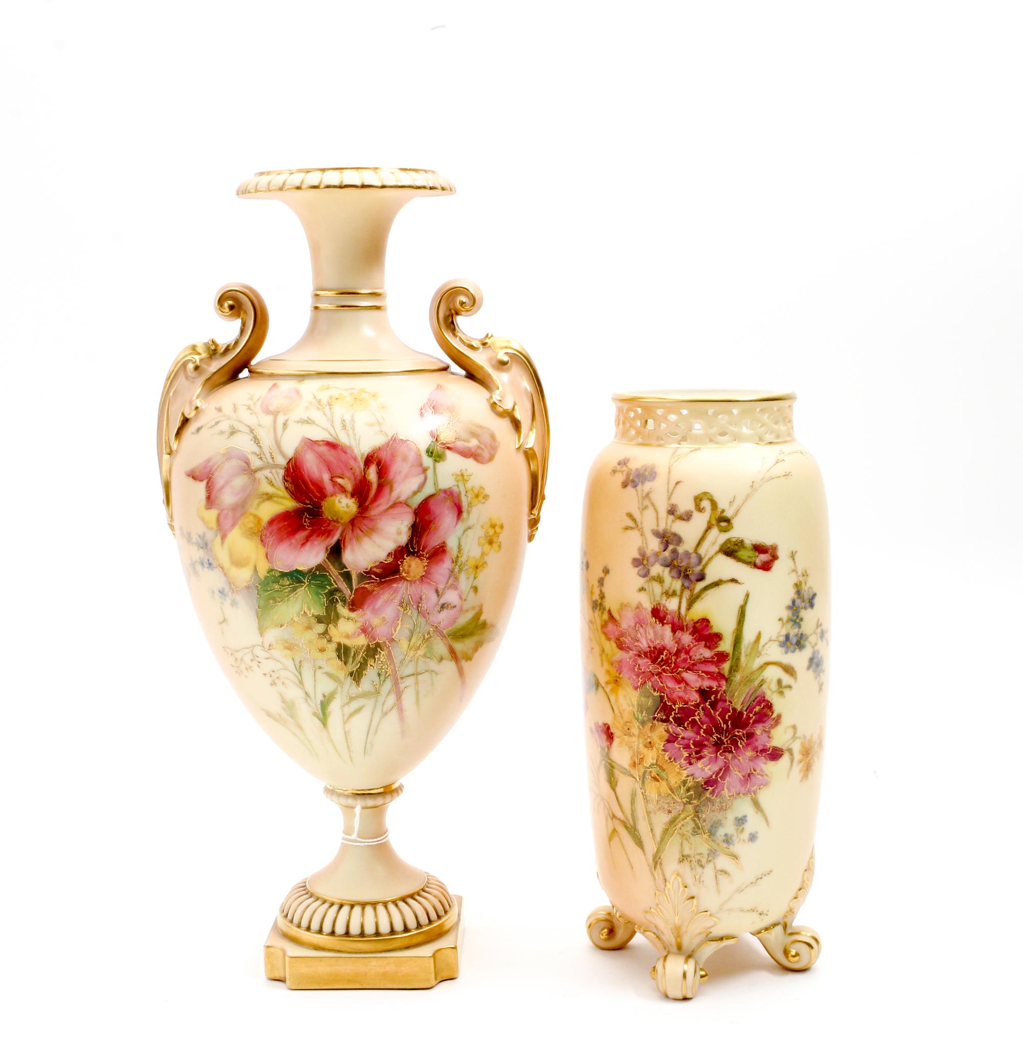 Two Worcester Porcelain Vases Height of taller 12 inches. — 1903 AND 1913