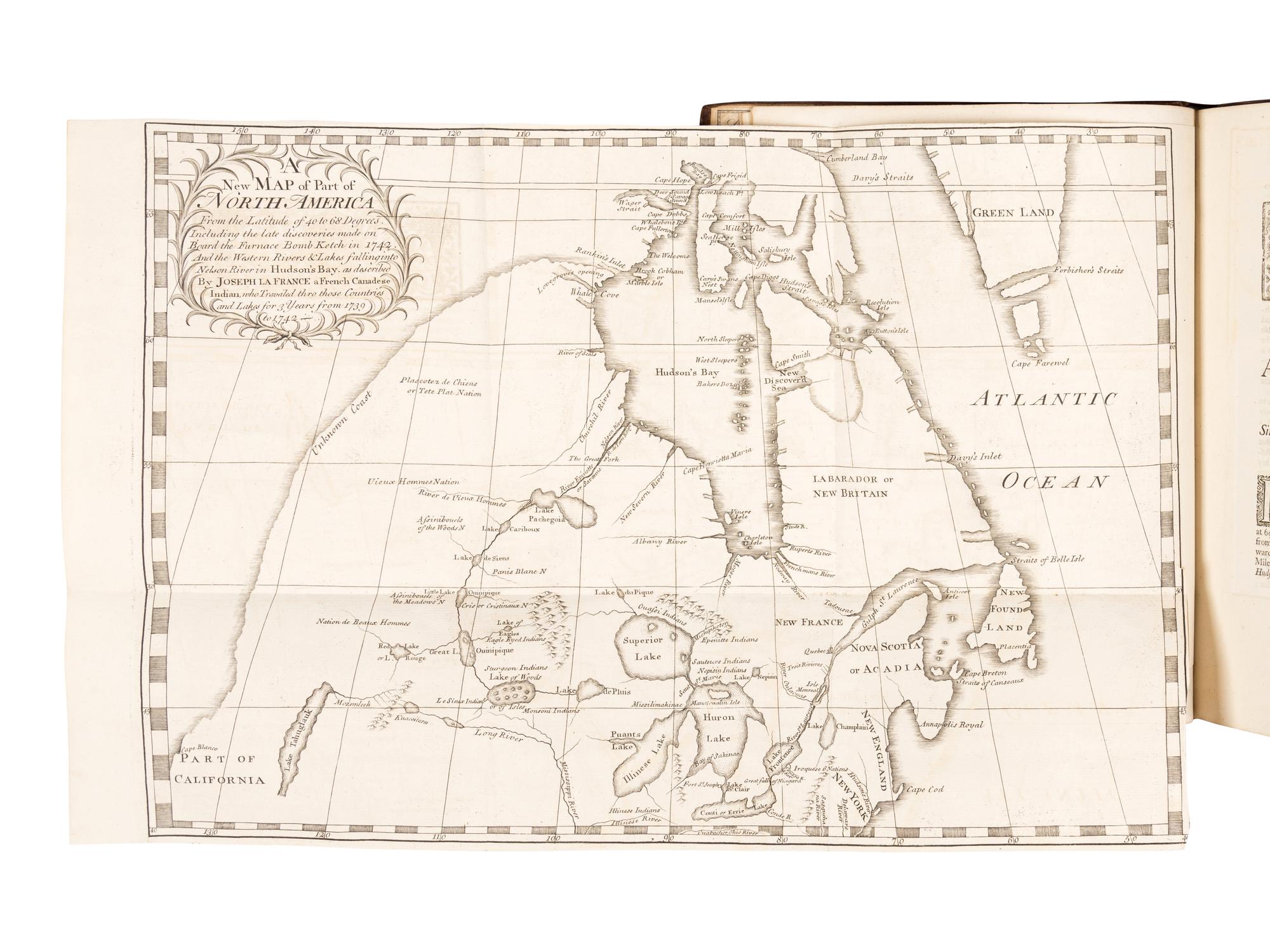 DOBBS, Arthur (1689-1765). An Account of the Countries Adjoining to Hudson's Bay, in the North-West Part of America...Shewing the Benefit to be made by Settling Colonies, and opening a trade in these Parts . London: Printed for Jacob Robinson, 1744.