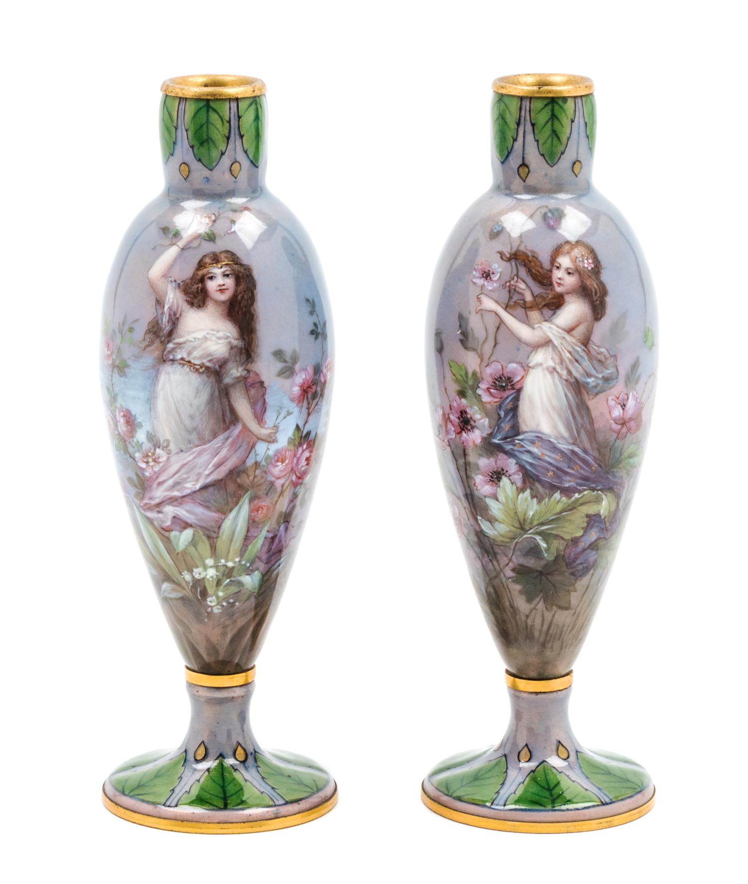A Pair of French Enameled Copper Vases Height 6 inches. — 19TH/20TH CENTURY