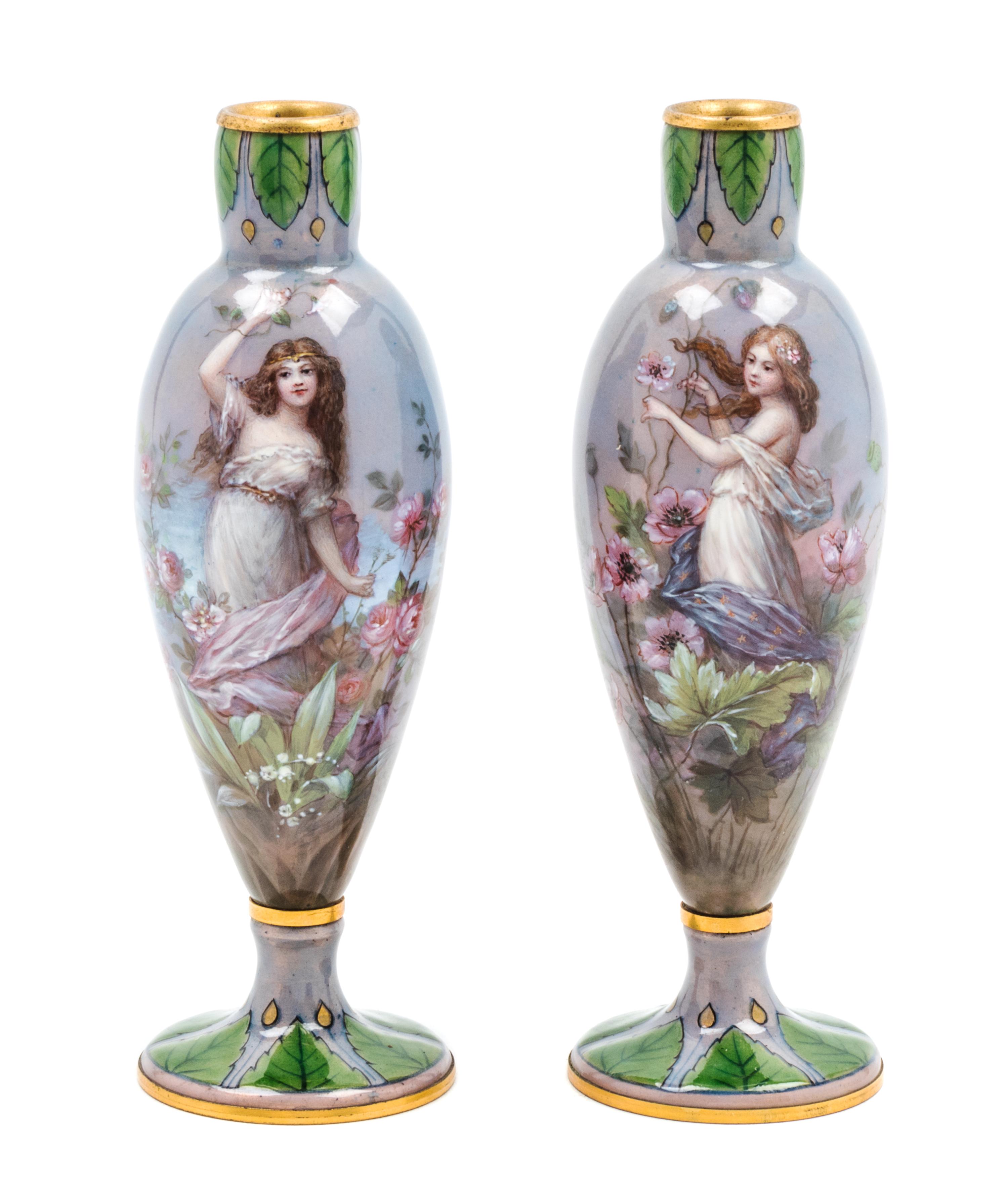 A Pair of French Enameled Copper Vases Height 6 inches. — 19TH/20TH CENTURY